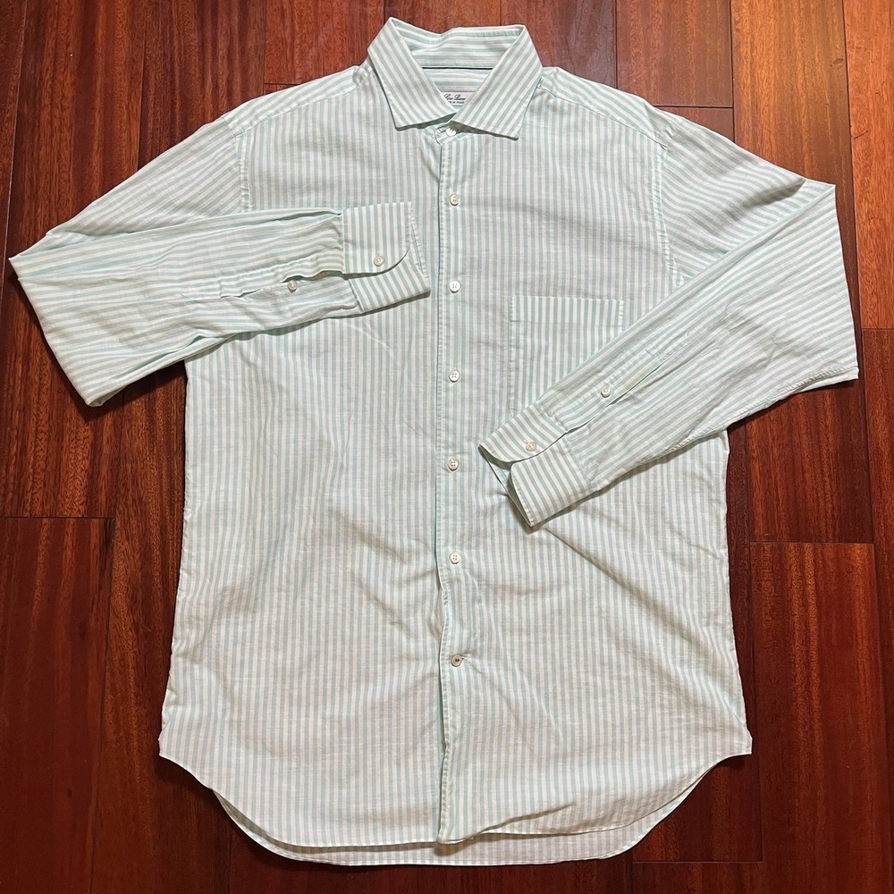 Loro Piana Shirt Mens Large Green White Striped Button Up Long Sleeve FLAWED